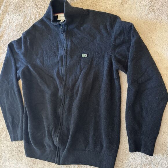 Lacoste 100% Wool Full Zip Cardigan Mock Collar Black XL - Picture 2 of 7